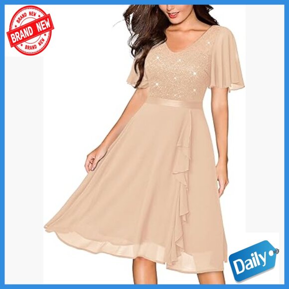 Sequin Lace V-Neck Chiffon A-Line Cocktail Dress Knee Length Zipper Back
